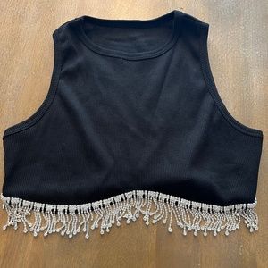 Black tank with rhinestone fringe